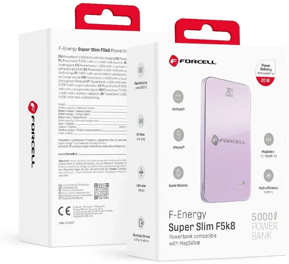 Nešiojamoji baterija, suderinama su „MagSafe Forcell F-Energy SuperSlim F5K8 QC4.0 PD3.0“ 15W 5000 mAh violetinė