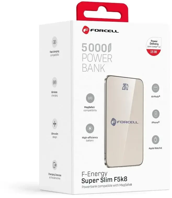 Powerbank compatible with MagSafe Forcell F-Energy SuperSlim F5K8 QC4.0 PD3.0 15W 5000 mAh titanium desert