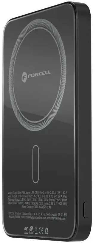 Powerbank compatible with MagSafe Forcell F-Energy SuperSlim F5K8 QC4.0 PD3.0 15W 5000 mAh juodas
