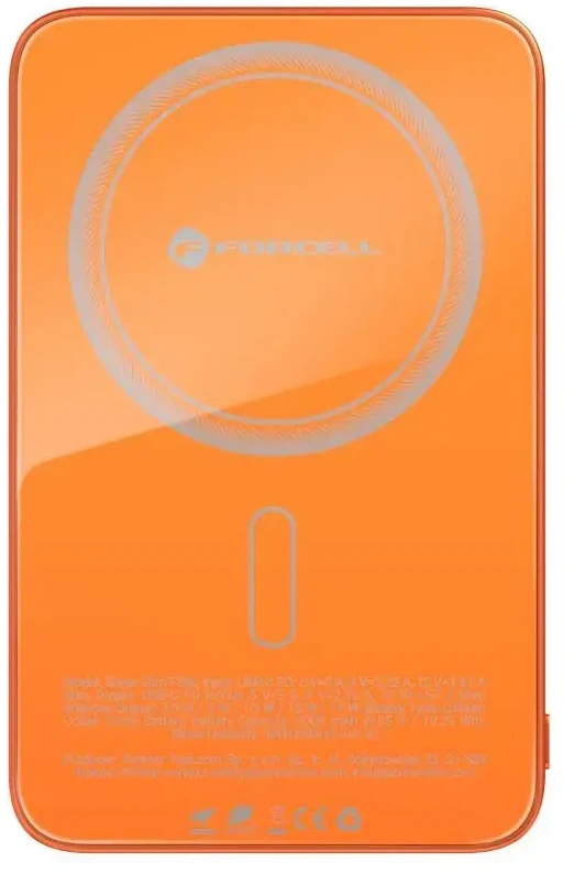 Nešiojamoji baterija, suderinama su „MagSafe Forcell F-Energy SuperSlim F5K8 QC4.0 PD3.0“ 15W 5000 mAh oranžinis