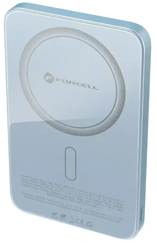 Powerbank compatible with MagSafe Forcell F-Energy SuperSlim F5K8 QC4.0 PD3.0 15W 5000 mAh mėlynas