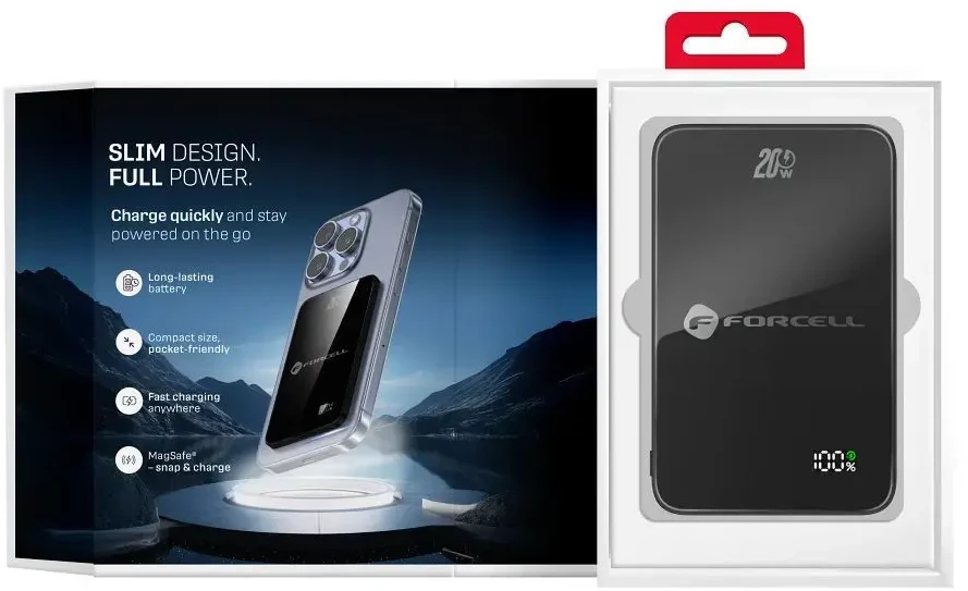 Powerbank compatible with MagSafe Forcell F-Energy SuperSlim F5K8 QC4.0 PD3.0 15W 5000 mAh juodas