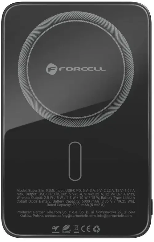 Powerbank compatible with MagSafe Forcell F-Energy SuperSlim F5K8 QC4.0 PD3.0 15W 5000 mAh juodas