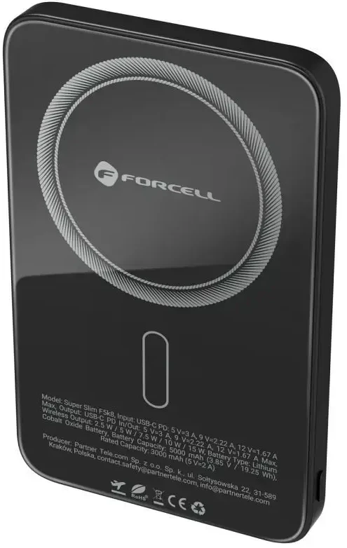 Powerbank compatible with MagSafe Forcell F-Energy SuperSlim F5K8 QC4.0 PD3.0 15W 5000 mAh juodas