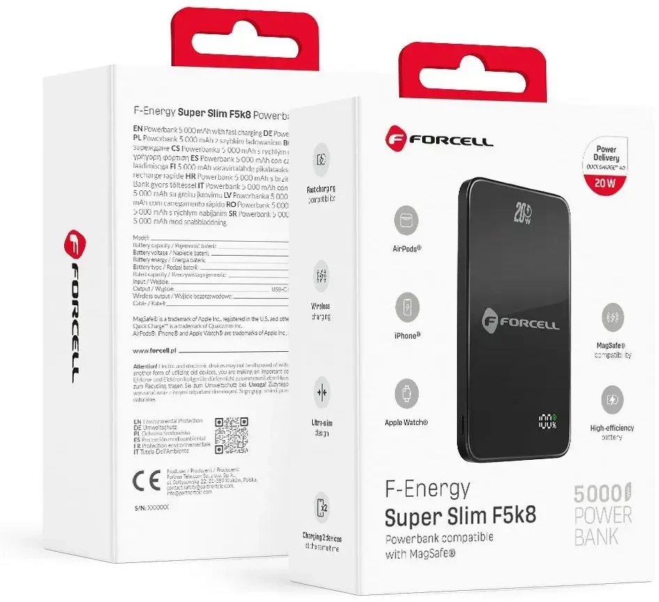 Powerbank compatible with MagSafe Forcell F-Energy SuperSlim F5K8 QC4.0 PD3.0 15W 5000 mAh juodas
