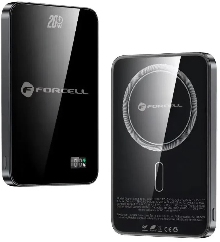 Powerbank compatible with MagSafe Forcell F-Energy SuperSlim F5K8 QC4.0 PD3.0 15W 5000 mAh juodas