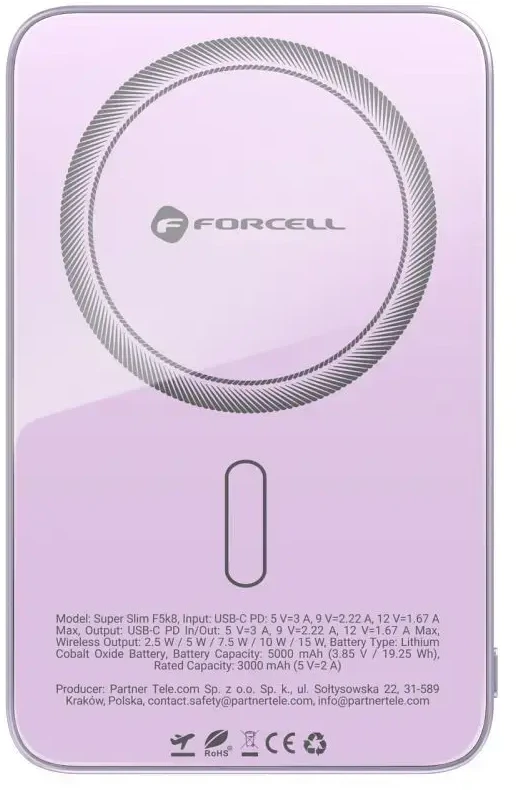 Nešiojamoji baterija, suderinama su „MagSafe Forcell F-Energy SuperSlim F5K8 QC4.0 PD3.0“ 15W 5000 mAh violetinė