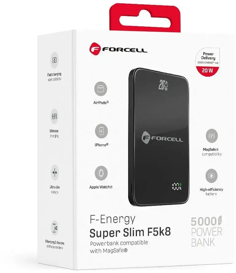 Powerbank compatible with MagSafe Forcell F-Energy SuperSlim F5K8 QC4.0 PD3.0 15W 5000 mAh juodas