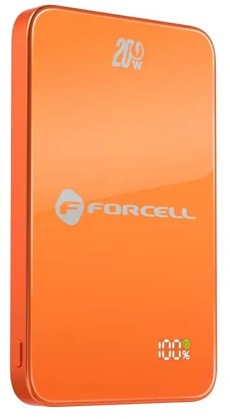 Nešiojamoji baterija, suderinama su „MagSafe Forcell F-Energy SuperSlim F5K8 QC4.0 PD3.0“ 15W 5000 mAh oranžinis