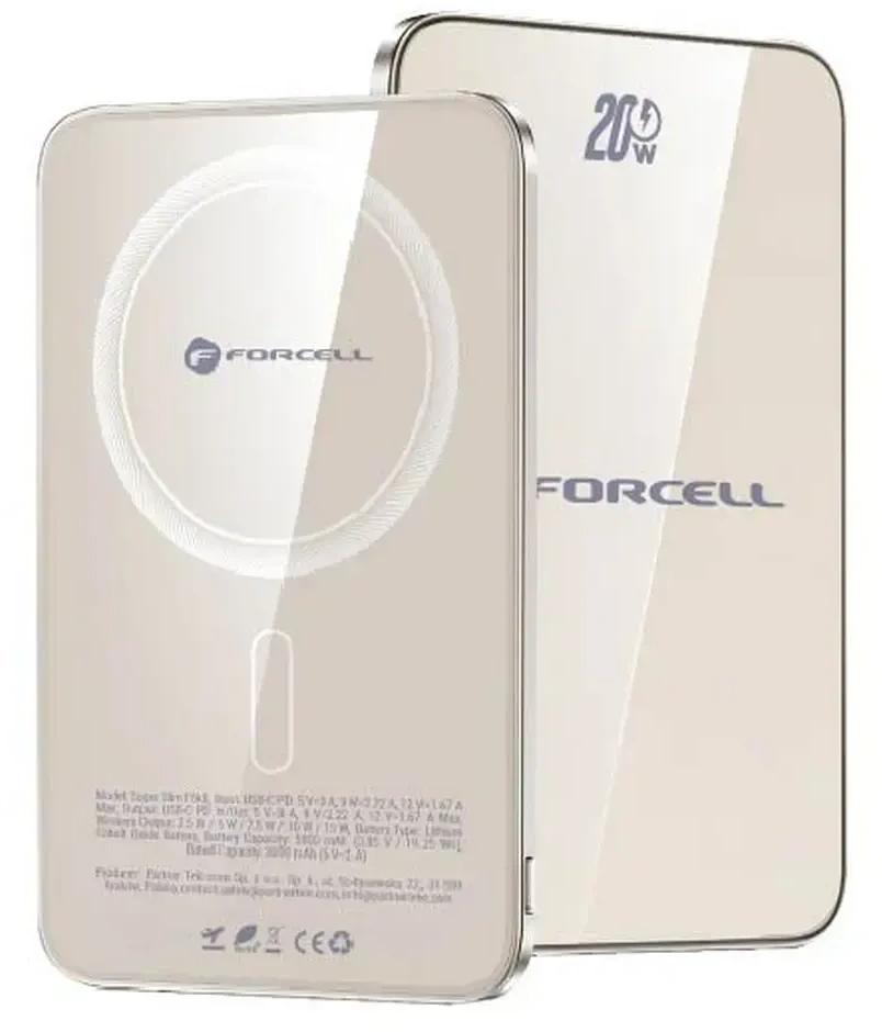 Powerbank compatible with MagSafe Forcell F-Energy SuperSlim F5K8 QC4.0 PD3.0 15W 5000 mAh titanium desert