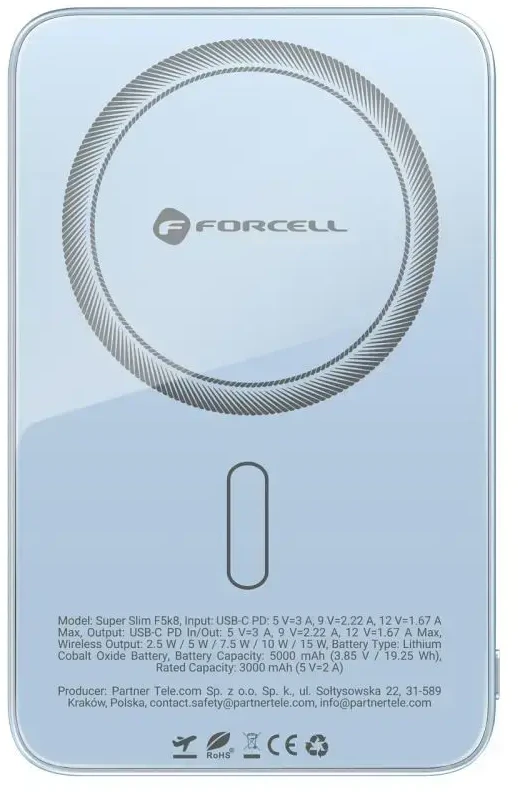 Powerbank compatible with MagSafe Forcell F-Energy SuperSlim F5K8 QC4.0 PD3.0 15W 5000 mAh mėlynas
