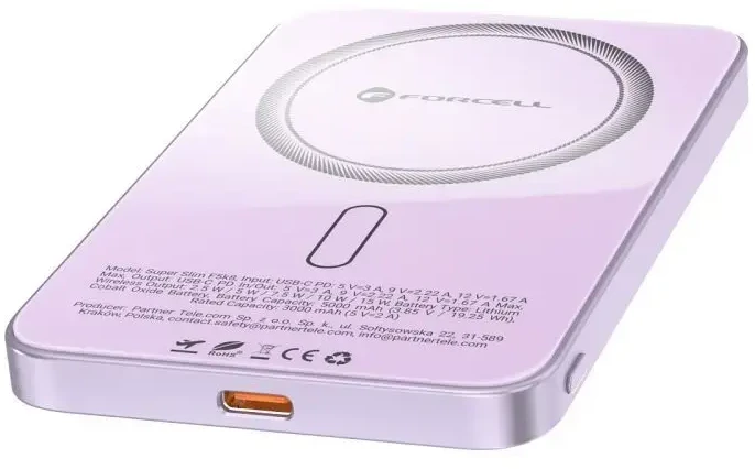 Nešiojamoji baterija, suderinama su „MagSafe Forcell F-Energy SuperSlim F5K8 QC4.0 PD3.0“ 15W 5000 mAh violetinė