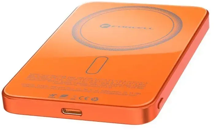 Nešiojamoji baterija, suderinama su „MagSafe Forcell F-Energy SuperSlim F5K8 QC4.0 PD3.0“ 15W 5000 mAh oranžinis