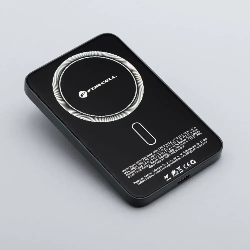 Powerbank compatible with MagSafe Forcell F-Energy SuperSlim F5K8 QC4.0 PD3.0 15W 5000 mAh juodas