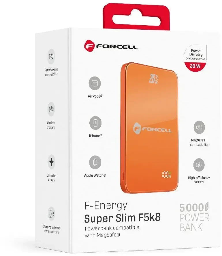 Nešiojamoji baterija, suderinama su „MagSafe Forcell F-Energy SuperSlim F5K8 QC4.0 PD3.0“ 15W 5000 mAh oranžinis