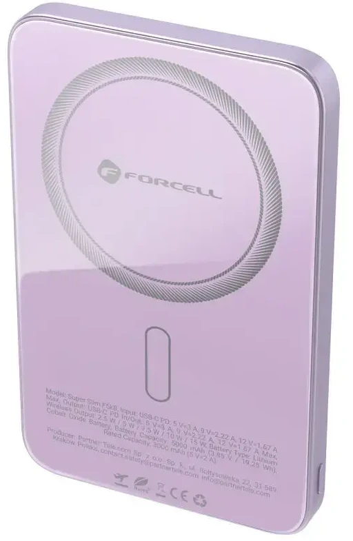 Nešiojamoji baterija, suderinama su „MagSafe Forcell F-Energy SuperSlim F5K8 QC4.0 PD3.0“ 15W 5000 mAh violetinė