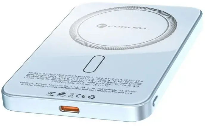 Powerbank compatible with MagSafe Forcell F-Energy SuperSlim F5K8 QC4.0 PD3.0 15W 5000 mAh mėlynas