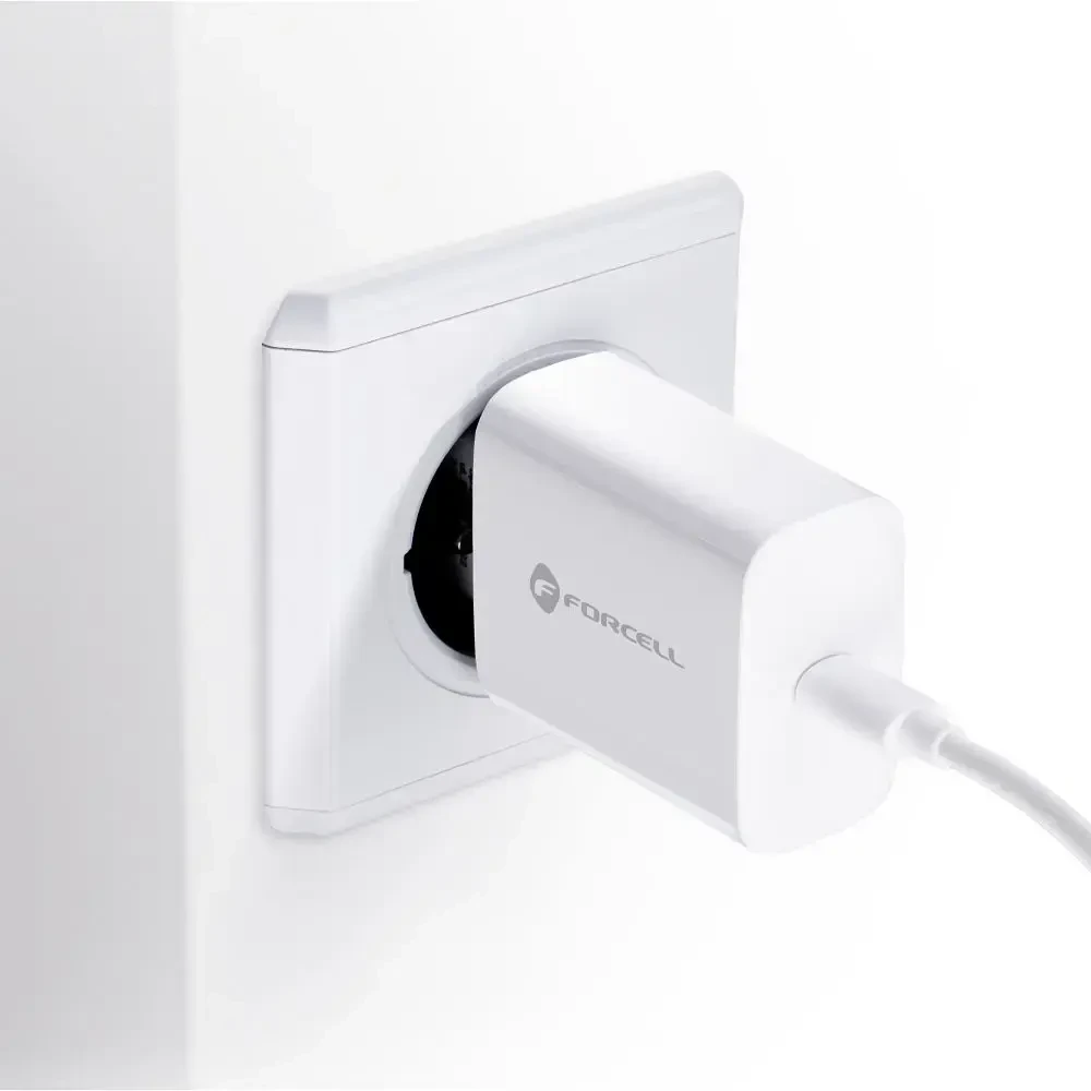 PTC Forcell 230V sieninis įkroviklis su USB Type-C, žaibo (APPLE) laidu 3A 20W su PD ir QC 4.0 įkrovimo funkcija