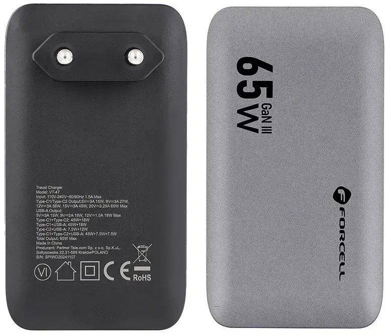 Telefono įkroviklis Forcell F-Energy Ultra Slim GaN III 2 x USB C + USB A QC4.0 PD 4A 65W VT-47 pilka 0INT