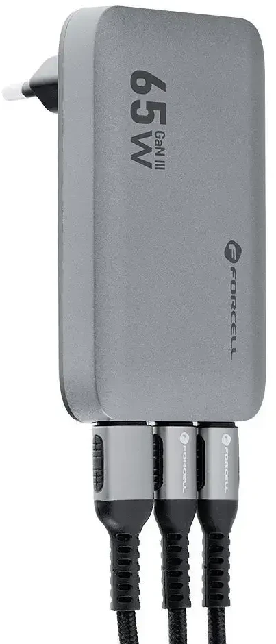 Telefono įkroviklis Forcell F-Energy Ultra Slim GaN III 2 x USB C + USB A QC4.0 PD 4A 65W VT-47 pilka 0INT