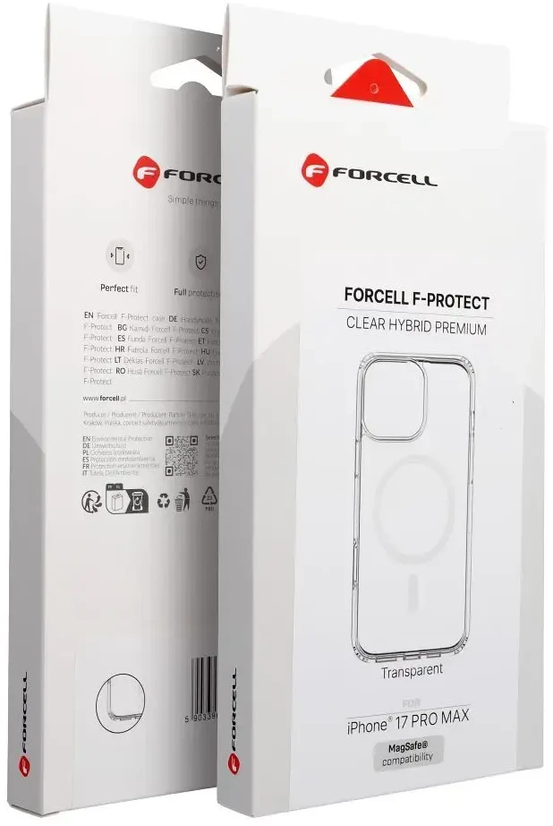 „iPhone 17 Pro Max“ / „18 Pro Max“ dėklas (žemas kameros kraštas), „Forcell F-Protect Clear Hybrid Premium“, suderinamas su skaidriu