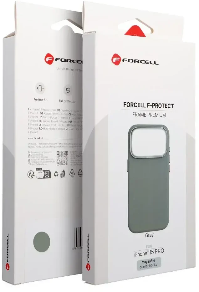 „iPhone 15 PRO Forcell F-Protect Frame Premium“ dėklas, suderinamas su „Magsafe“ pilka spalva