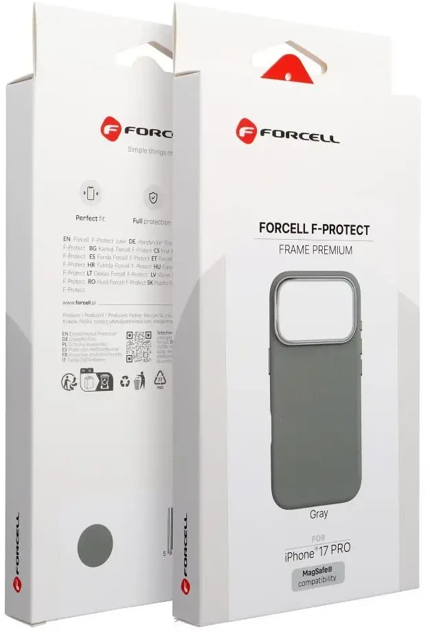 „iPhone 17 Pro / 18 Pro“ dėklas (žemas kameros kraštas), „Forcell F-Protect Frame Premium“, suderinamas su „Magsafe“ pilka spalva