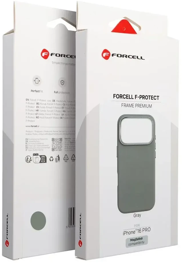„iPhone 16 PRO Forcell F-Protect Frame Premium“ dėklas, suderinamas su „Magsafe“ pilka spalva