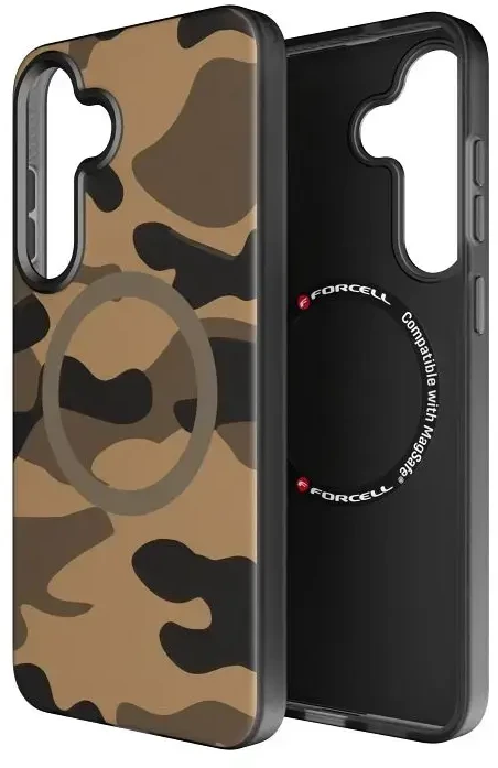 Dėklas FORCELL F-PROTECT lygiai su dviejų sluoksnių 4D technologija, Military Drop-Test suderinamas su MagSafe skirtas Samsung Galaxy S25 PLUS dykumos kameros