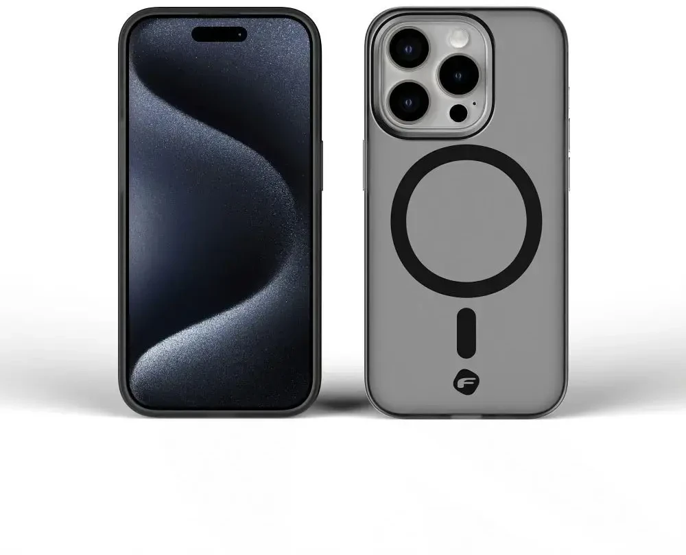„iPhone 16 PLUS“ dėklas su „Forcell F-Protect Levels“ dvigubo sluoksnio 4D technologija, suderinamas su „Magsafe Military Drop-Test“, dūminis juodas