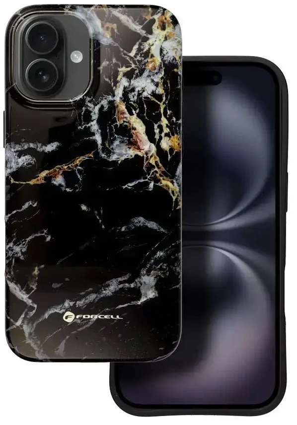 „iPhone 16 PLUS“ dėklas, skirtas „Forcell F-Protect Mirage“, suderinamas su „Magsafe Military Drop-Test“, juodas marmuras