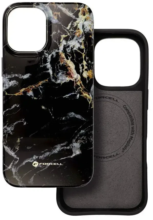 „iPhone 16 PLUS“ dėklas, skirtas „Forcell F-Protect Mirage“, suderinamas su „Magsafe Military Drop-Test“, juodas marmuras