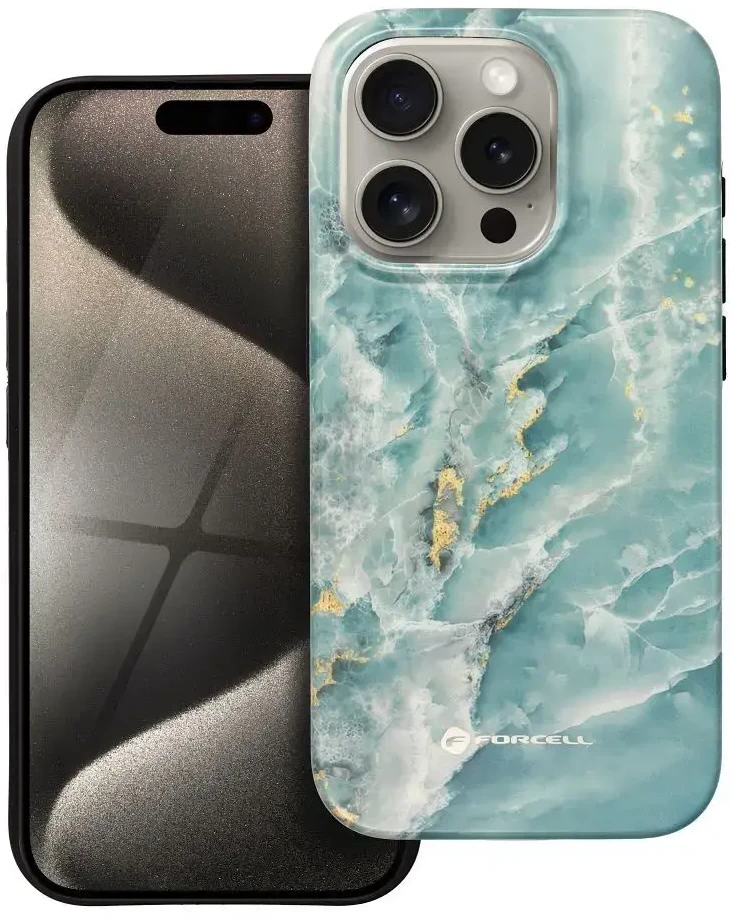 „iPhone 15 PRO Forcell F-Protect Mirage“ dėklas, suderinamas su „Magsafe Military Drop-Test“ žalias marmuras