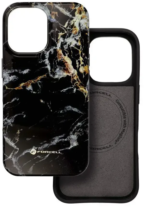 „iPhone 16 Forcell F-Protect Mirage“ dėklas, suderinamas su „Magsafe Military Drop-Test“ juodo marmuro danga