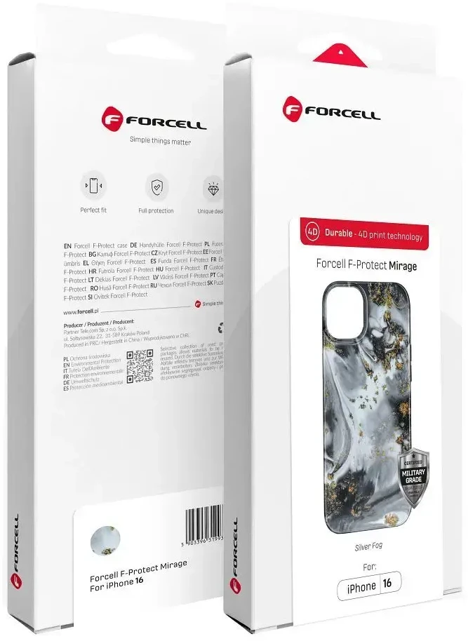 „iPhone 15 PRO Forcell F-Protect Mirage“ dėklas, suderinamas su „Magsafe Military Drop-Test“ sidabrinis rūkas