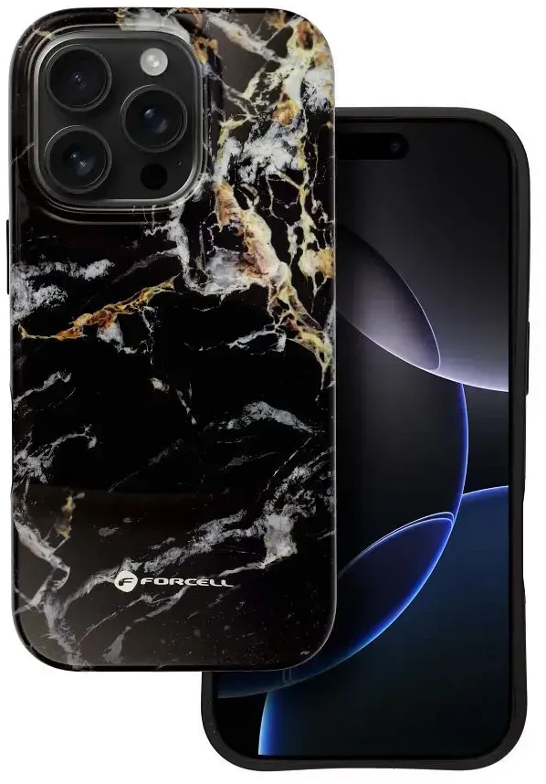 „iPhone 15 Forcell F-Protect Mirage“ dėklas, suderinamas su „Magsafe Military Drop-Test“ juodo marmuro danga
