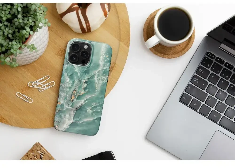 „iPhone 15 PRO MAX“ dėklas „Forcell F-Protect Mirage“, suderinamas su „Magsafe Military Drop-Test“, žalias marmuras