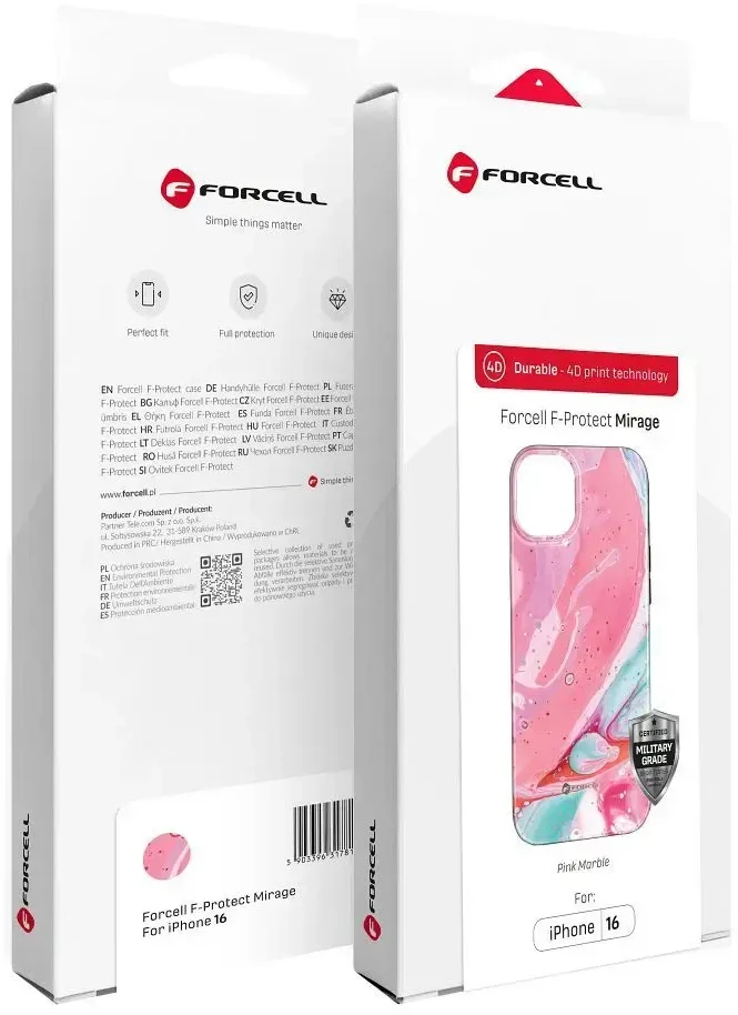 „iPhone 15 PRO MAX“ dėklas „Forcell F-Protect Mirage“, suderinamas su „Magsafe Military Drop-Test“, rožinis marmuras