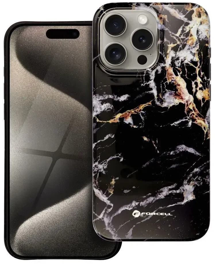 „iPhone 15 PRO MAX“ dėklas „Forcell F-Protect Mirage“, suderinamas su „Magsafe Military Drop-Test“ juodo marmuro danga.