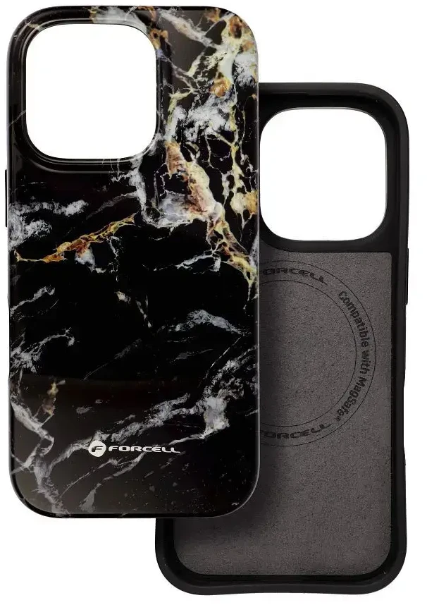 „iPhone 15 PRO MAX“ dėklas „Forcell F-Protect Mirage“, suderinamas su „Magsafe Military Drop-Test“ juodo marmuro danga.