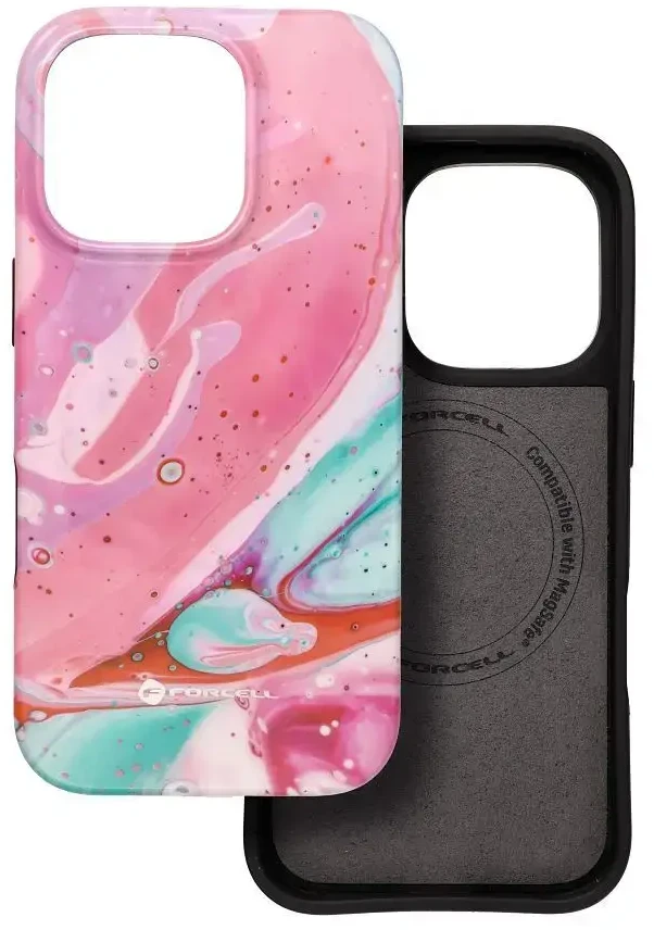 „iPhone 15 PRO MAX“ dėklas „Forcell F-Protect Mirage“, suderinamas su „Magsafe Military Drop-Test“, rožinis marmuras
