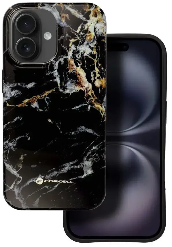 „iPhone 16 Forcell F-Protect Mirage“ dėklas, suderinamas su „Magsafe Military Drop-Test“ juodo marmuro danga