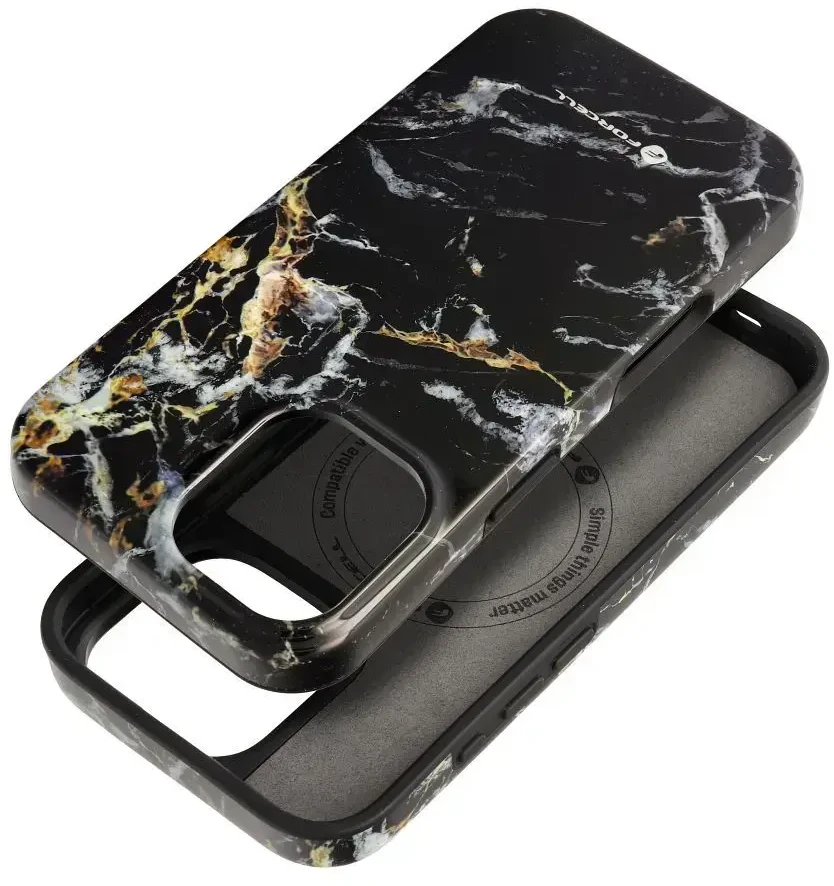 „iPhone 16 Forcell F-Protect Mirage“ dėklas, suderinamas su „Magsafe Military Drop-Test“ juodo marmuro danga