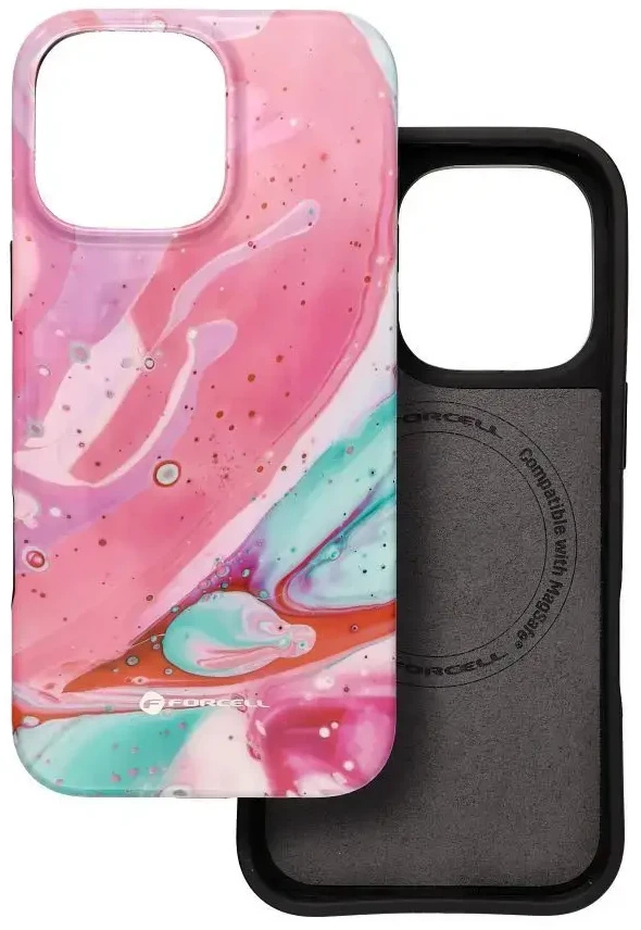 „iPhone 16 PRO MAX“ dėklas „Forcell F-Protect Mirage“, suderinamas su „Magsafe Military Drop-Test“ rožinio marmuro spalvos