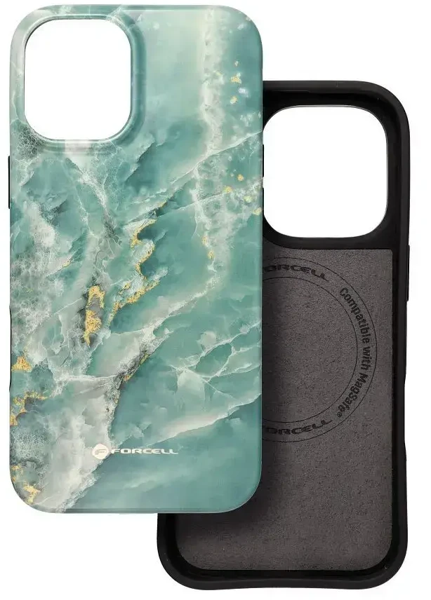 „iPhone 16 PLUS“ dėklas „Forcell F-Protect Mirage“, suderinamas su „Magsafe Military Drop-Test“, žalias marmuras