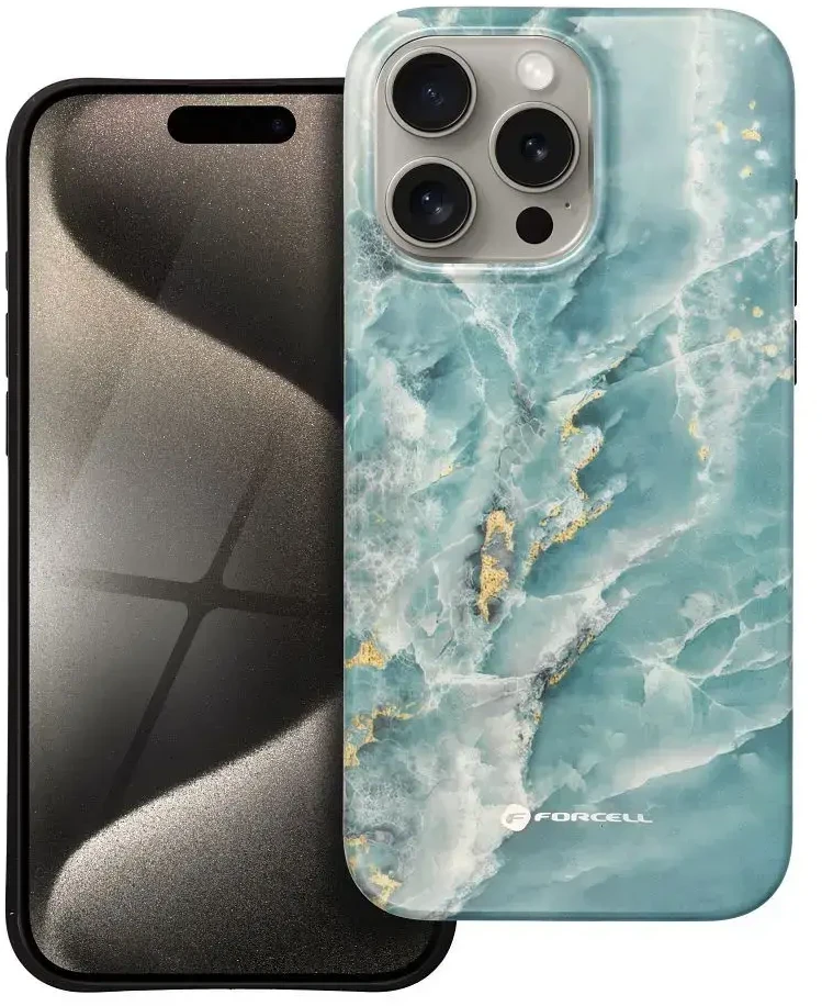 „iPhone 15 PRO MAX“ dėklas „Forcell F-Protect Mirage“, suderinamas su „Magsafe Military Drop-Test“, žalias marmuras