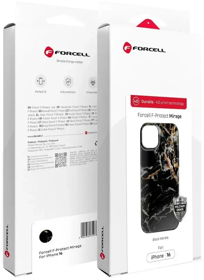 „iPhone 15 PRO MAX“ dėklas „Forcell F-Protect Mirage“, suderinamas su „Magsafe Military Drop-Test“ juodo marmuro danga.