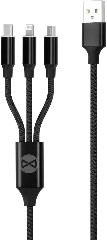 Forever 3-in-1 duomenų perdavimo ir įkrovimo kabelis | USB-A į Lightning, USB-C, Micro USB | 10 W | 1 m | juodas