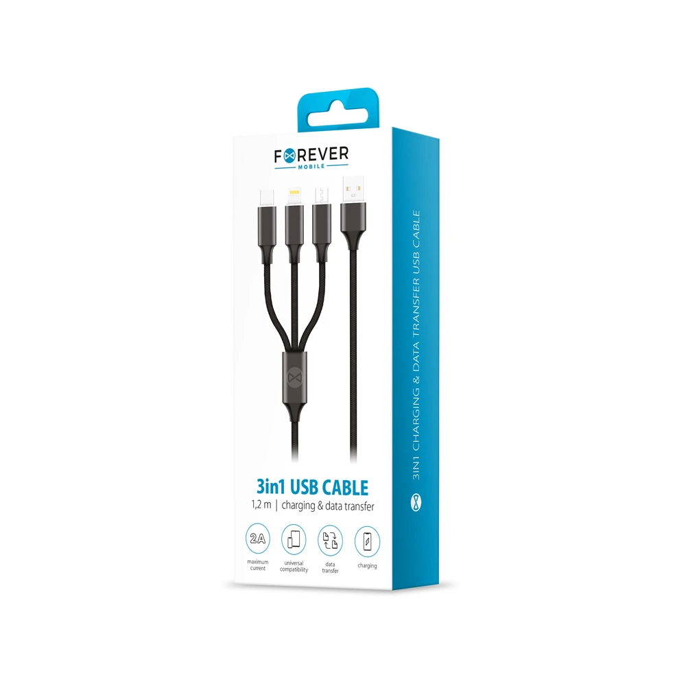 TelForceone Forever 3in1 laidas USB – Lightning + USB-C + microUSB 1,2 m 2A juodas