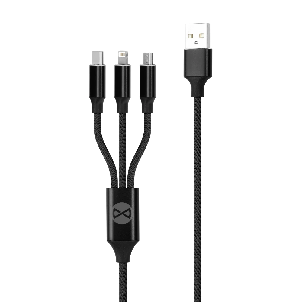 TelForceone Forever 3in1 laidas USB – Lightning + USB-C + microUSB 1,2 m 2A juodas